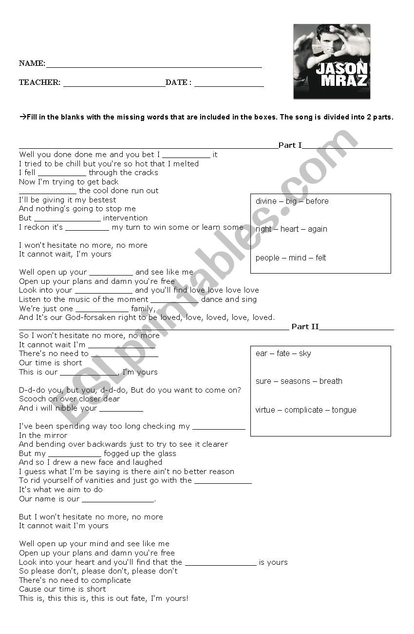 Im Yours- Jason Mraz worksheet