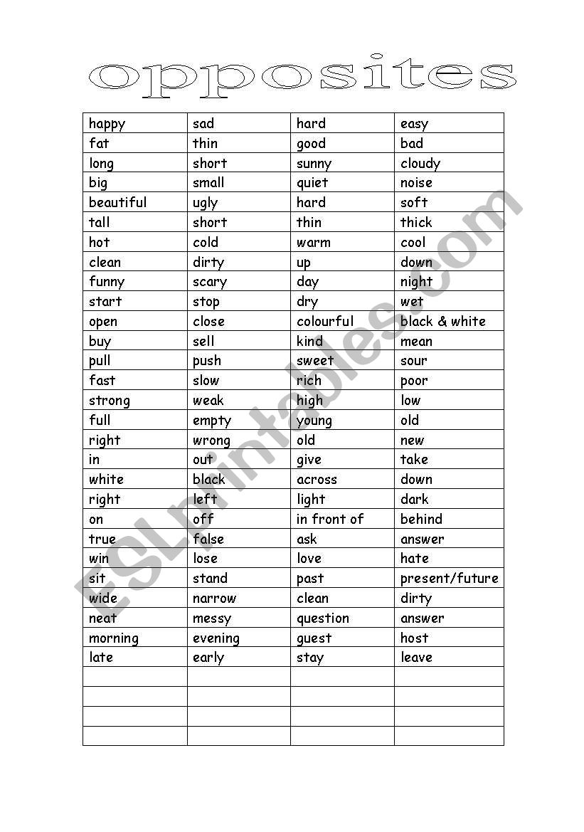 Opposites worksheet