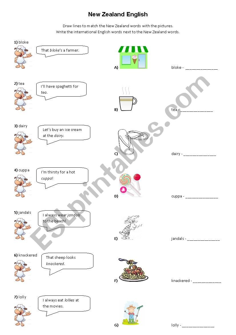 New Zealand English worksheet