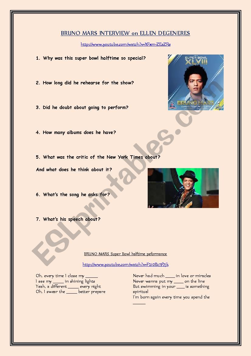 Video comprehension: Bruno Mars interview on Ellen Degeneres show