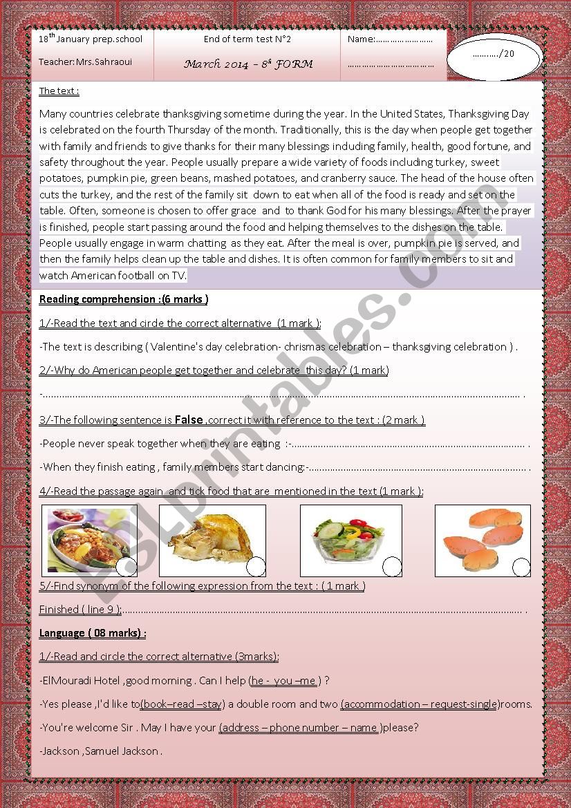 End of term test N2 8th form worksheet