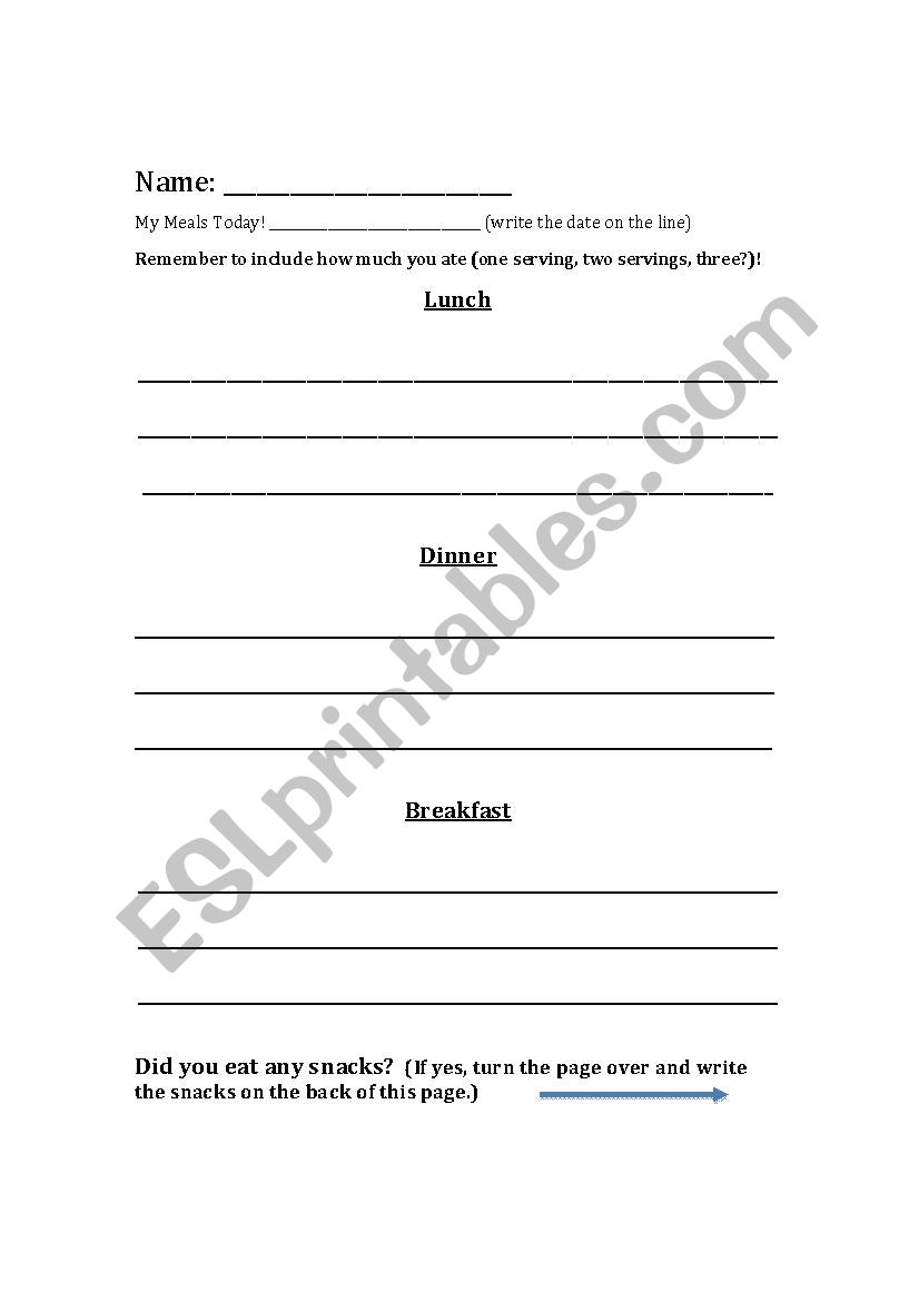 My Meals worksheet