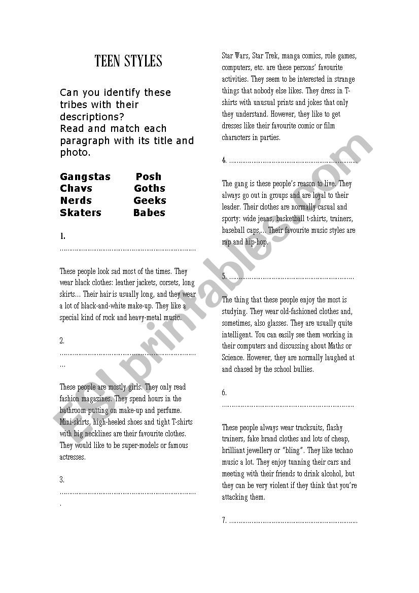 teenage fashion worksheet