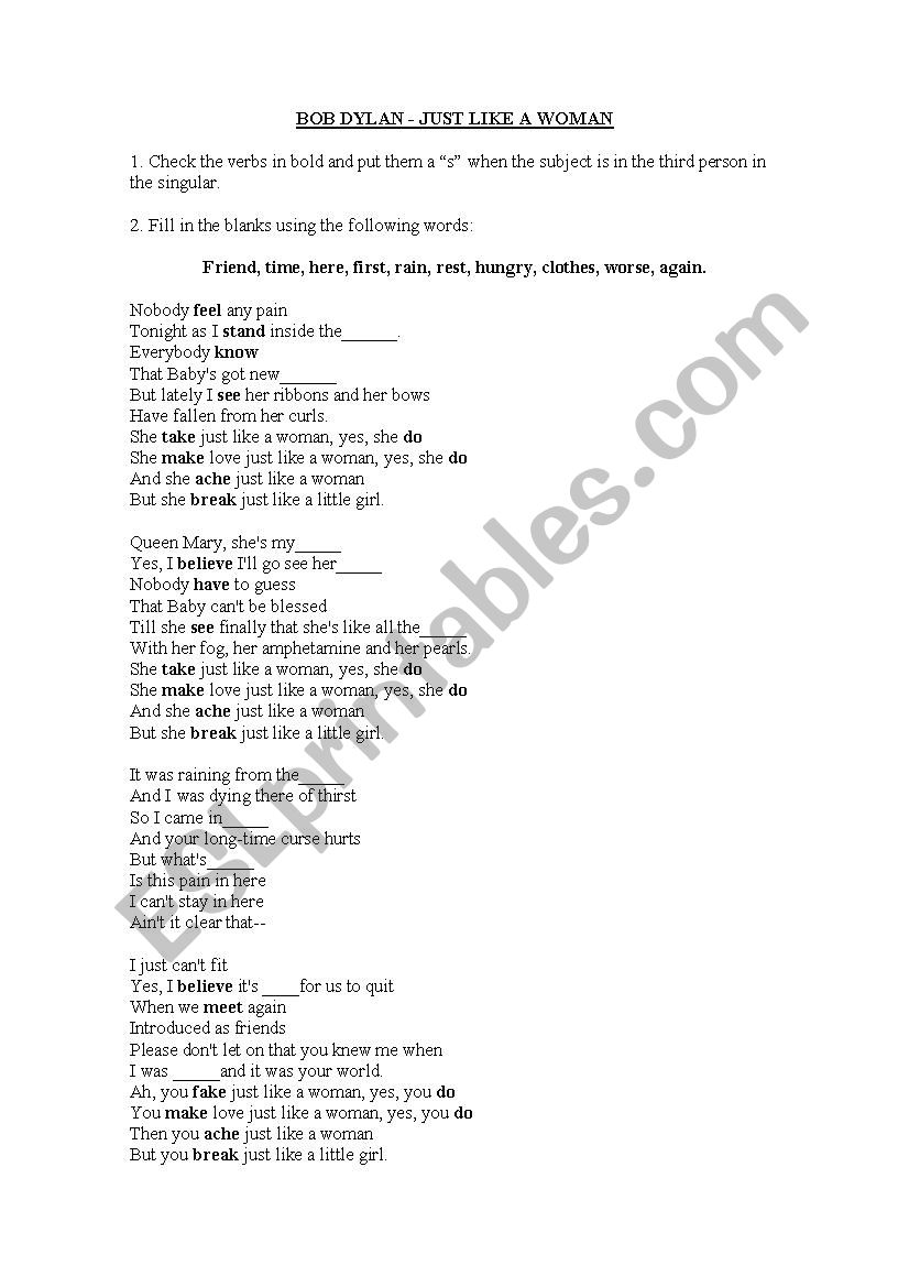 Bob Dylan - Just like a woman worksheet