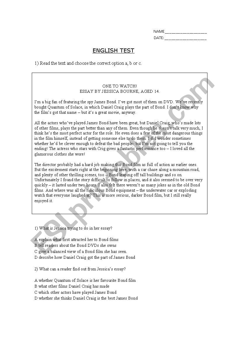 Pre intermidiate test worksheet
