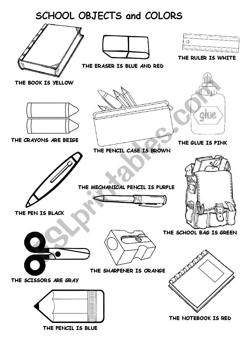 School Objects and Colors worksheet