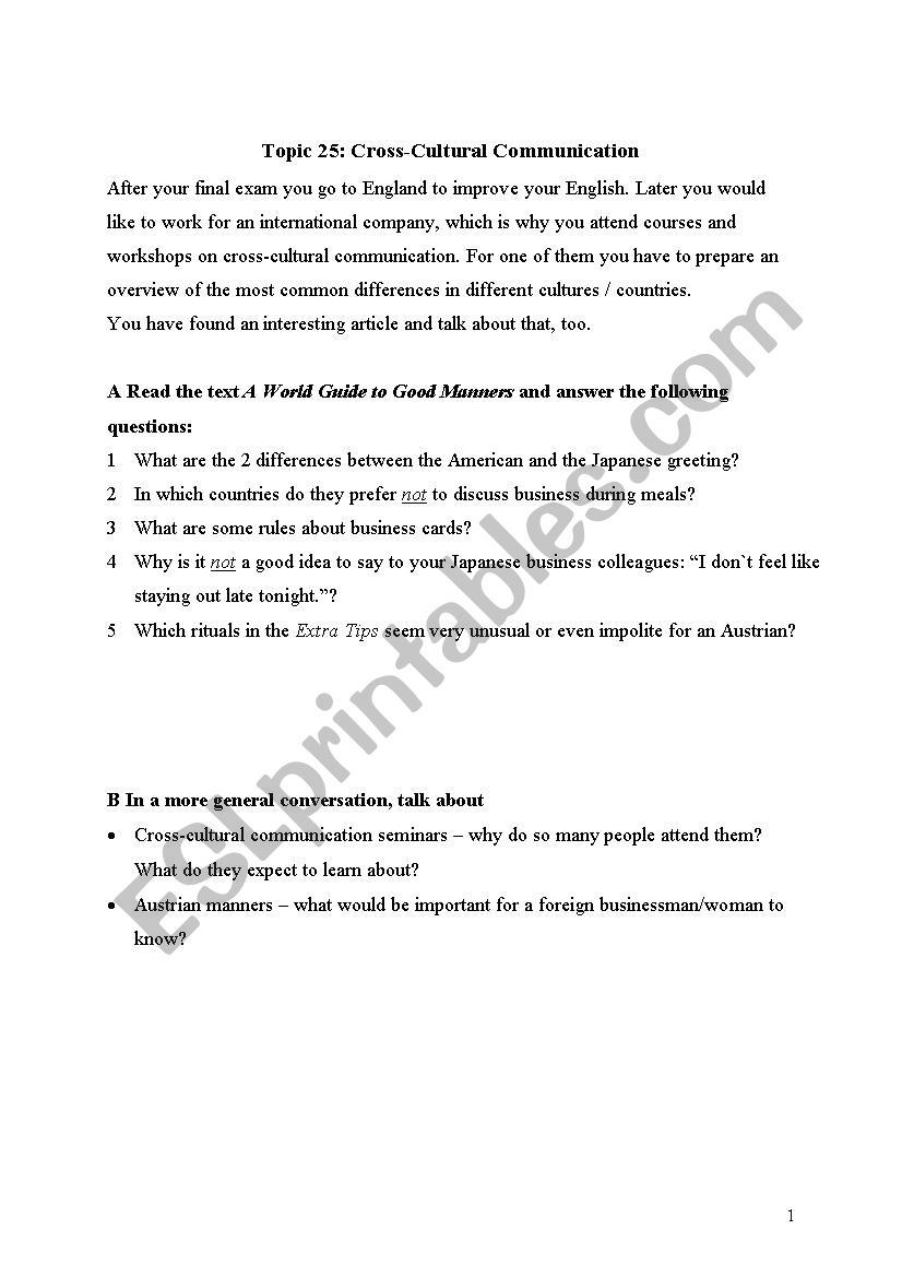 Cross cultural communication worksheet