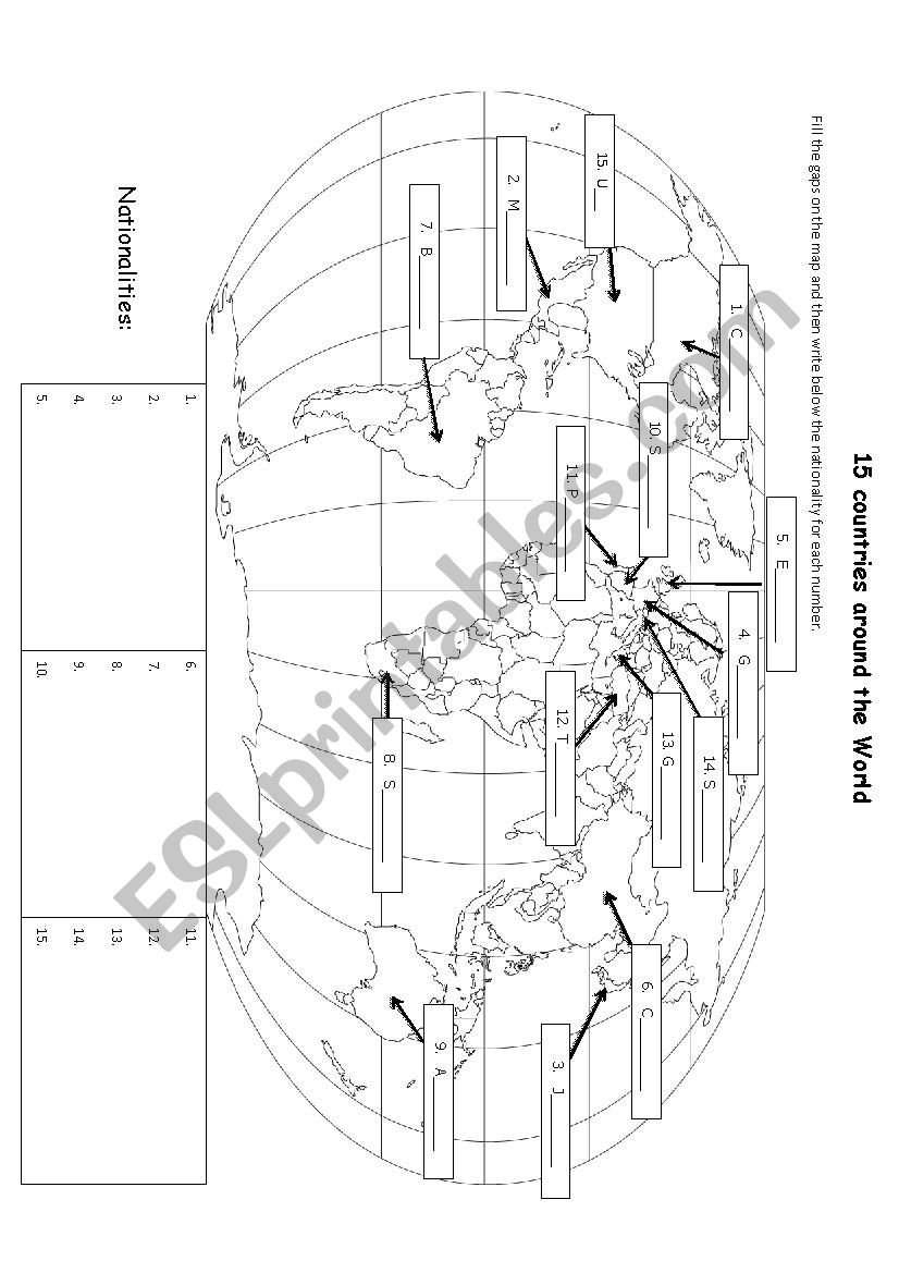 15 countries around the World worksheet