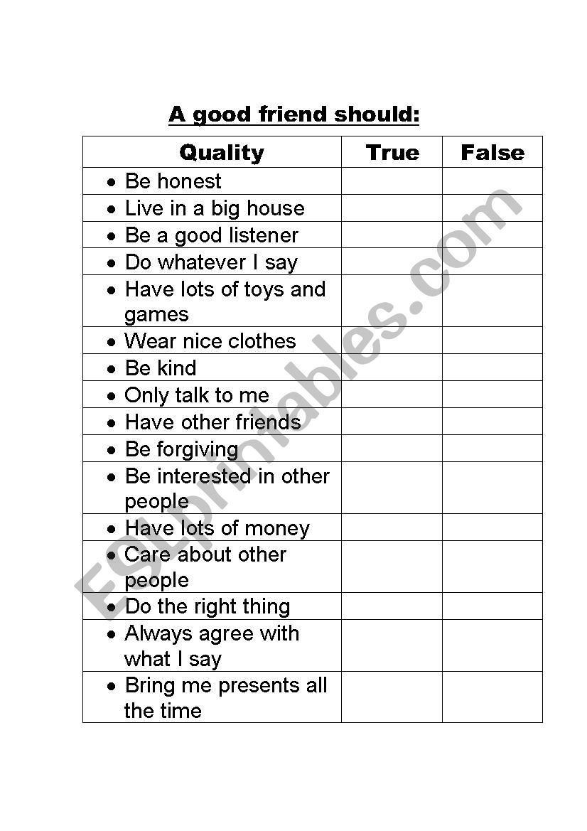 qualities of a good friend worksheet