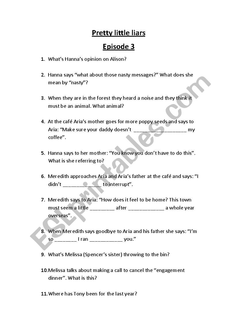 Pretty little liars episode 3 worksheet