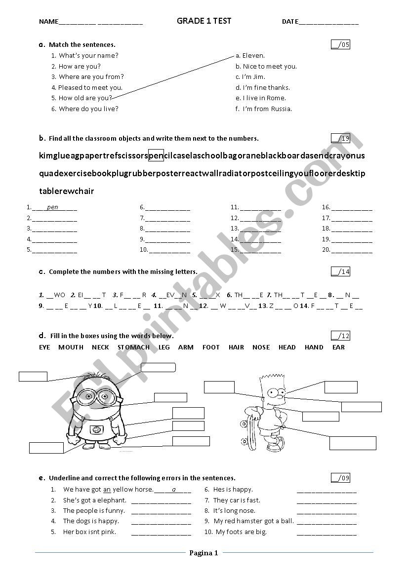 Trinity Grade 1 Test worksheet