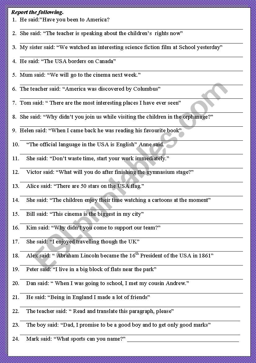 reported speech worksheet