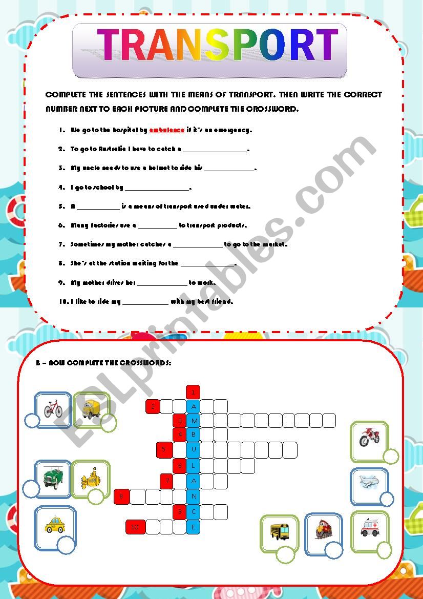 TRANSPORTS . CROSSWORDS worksheet