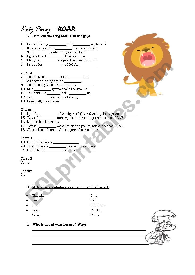 Song Katy Perry Roar worksheet