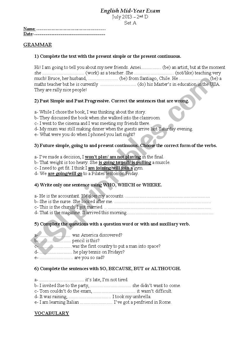 REVISION TASKS (TENSES AND VOCABULARY)