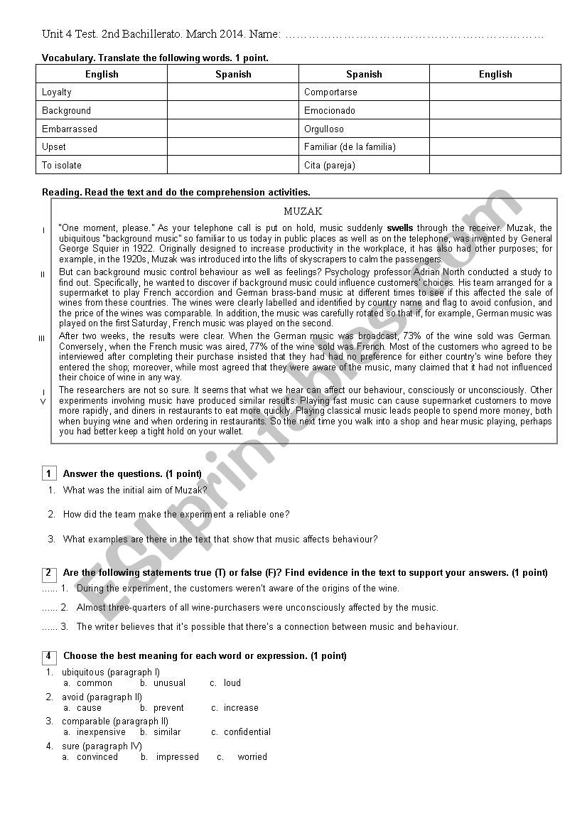 Reading, Grammar and vocabulary test. Intermediate. Conditionals, wish clauses and passive voice. Muzak