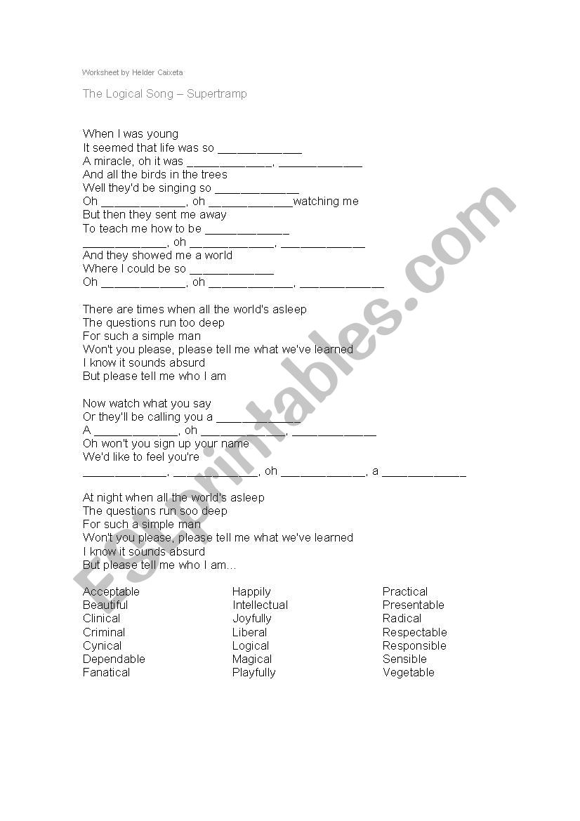 Supertramp - The Logical Song worksheet