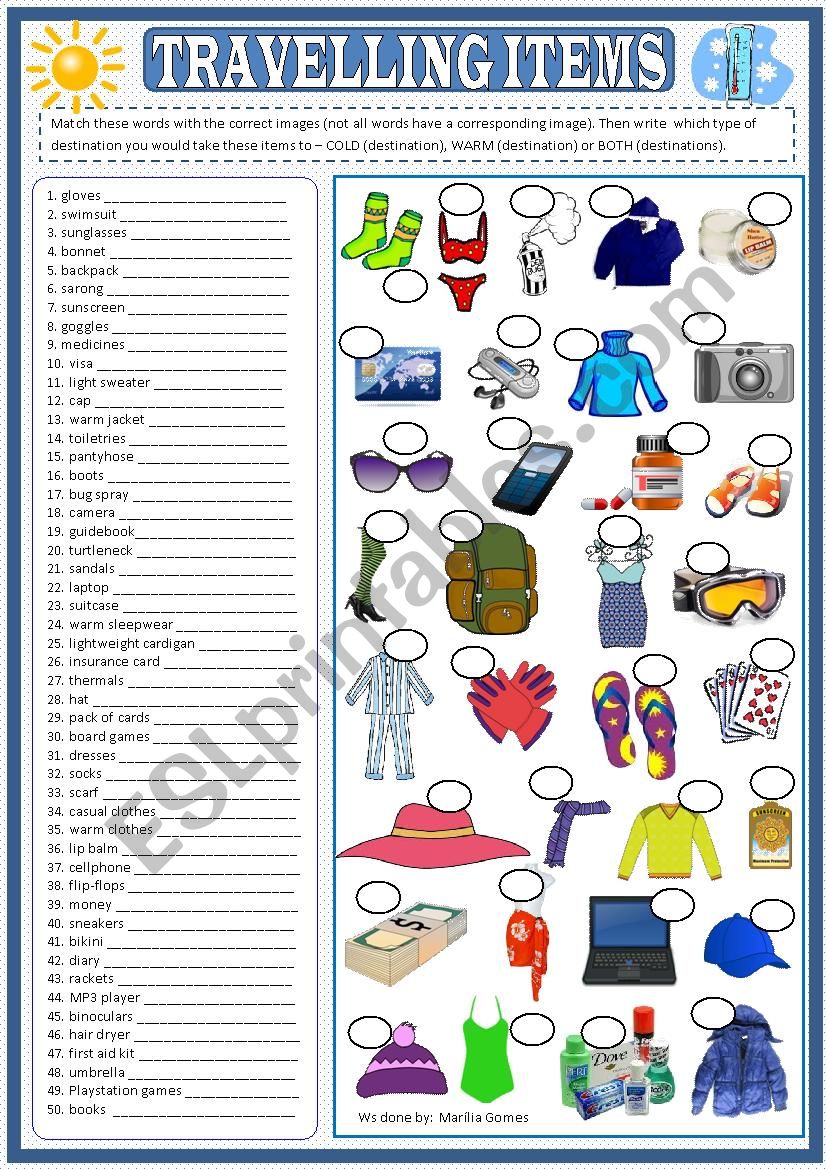 Travelling items worksheet