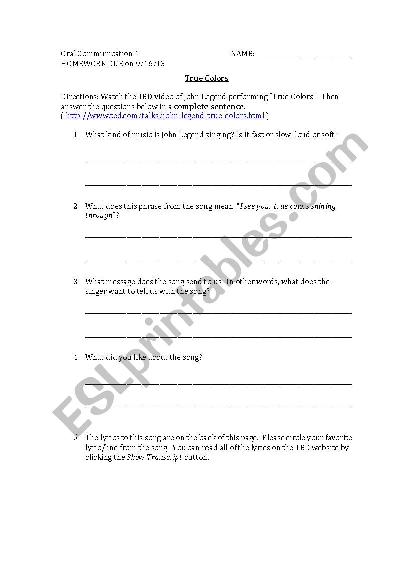 John Legend Sings True Colors - Listening Practice Handout