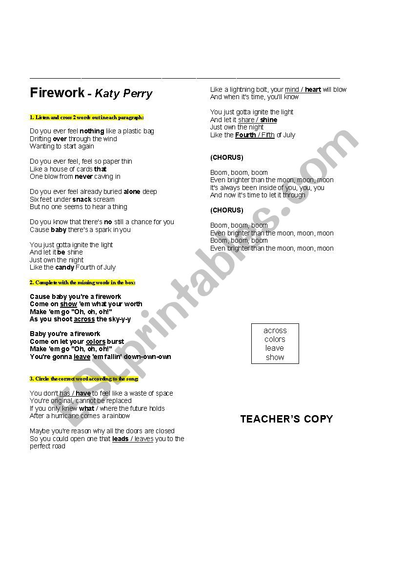 Song Firework - Katy Perry worksheet