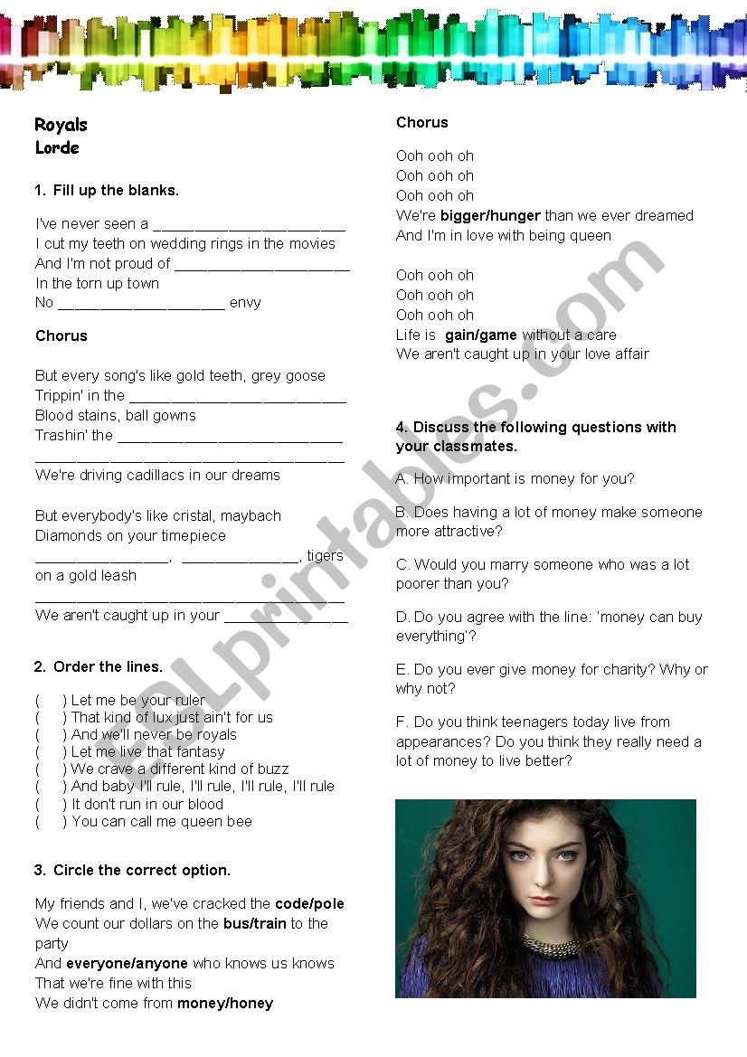 Lorde-Royals worksheet