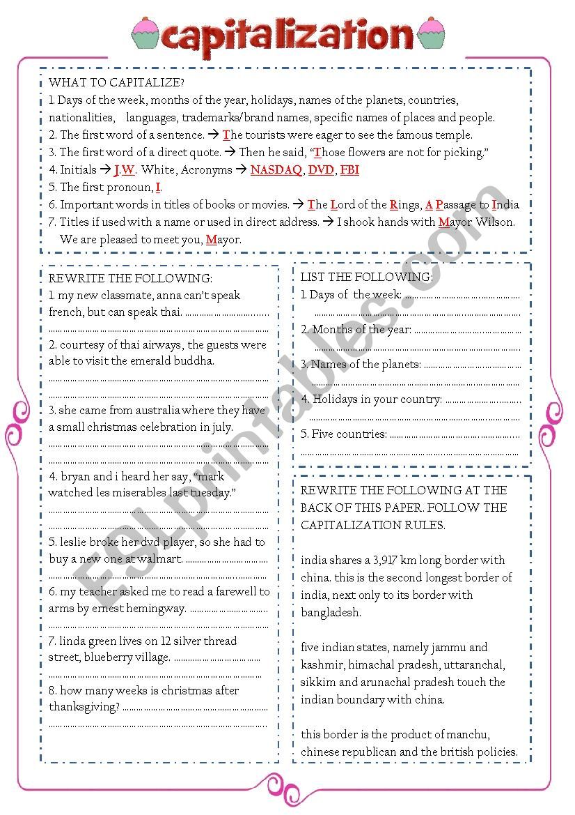 Rules on Capitalization worksheet