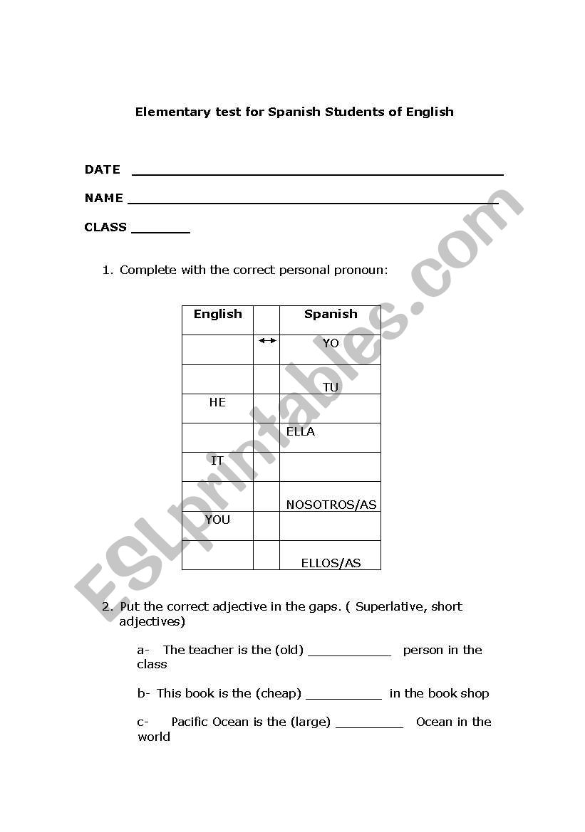 Elementary test for Spanish students of English