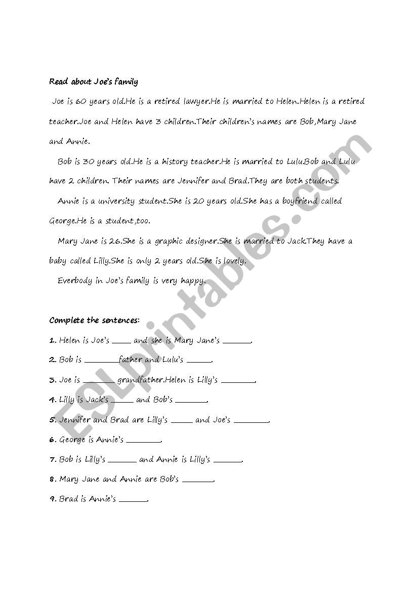 reading text on family worksheet