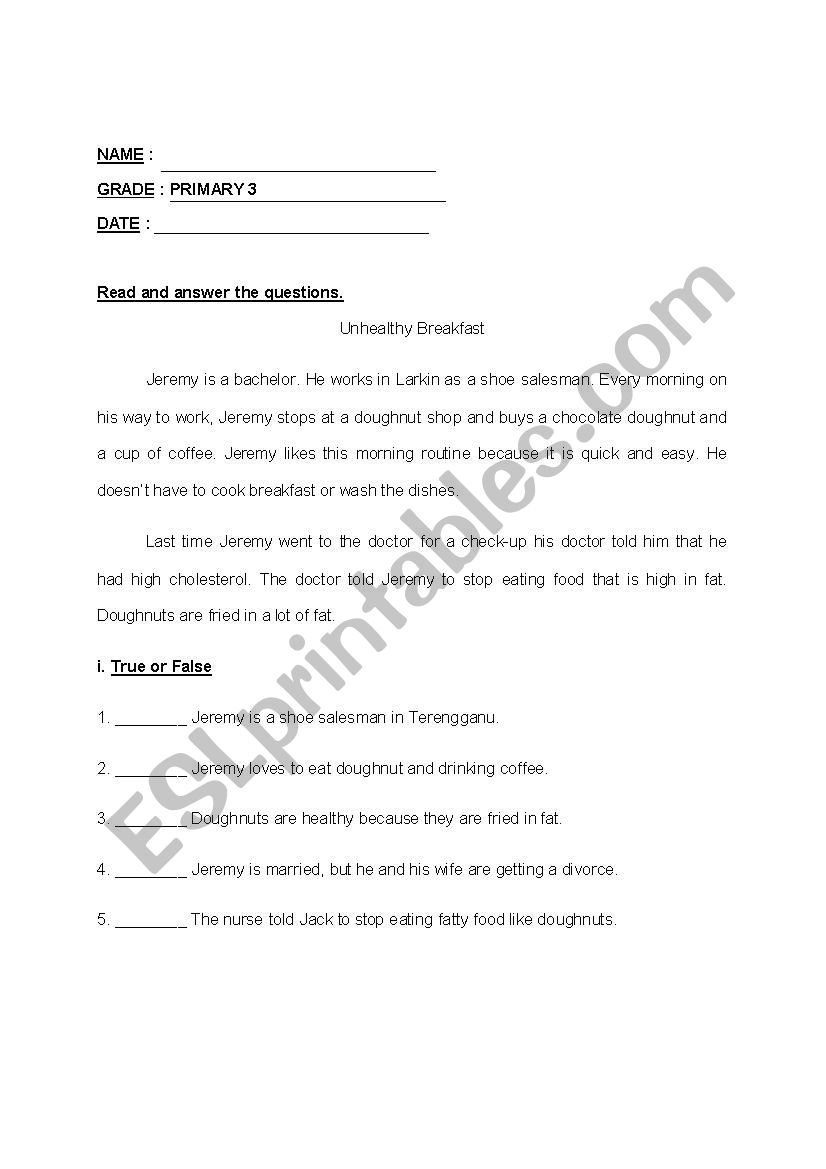 Comprehension Primary 3 worksheet