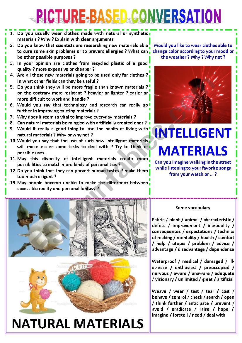 Picture-based conversation : topic 13 - intelligent materials vs natural ones.
