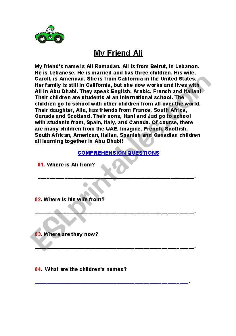 My Friend Ali worksheet