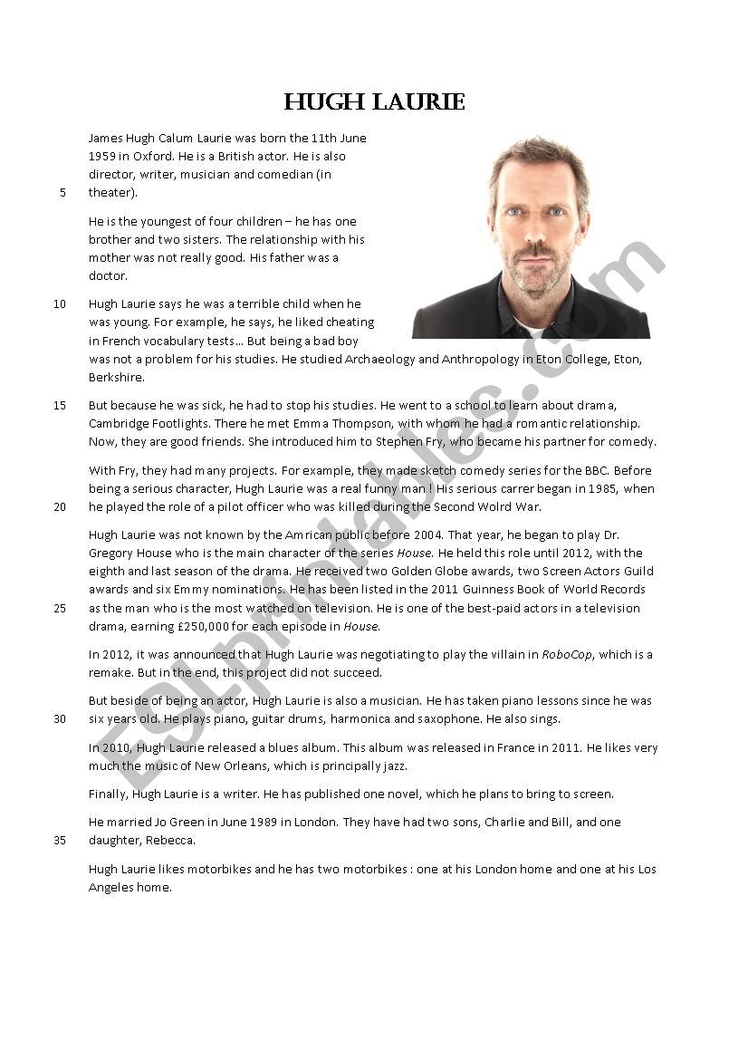 Hugh Laurie - biography worksheet