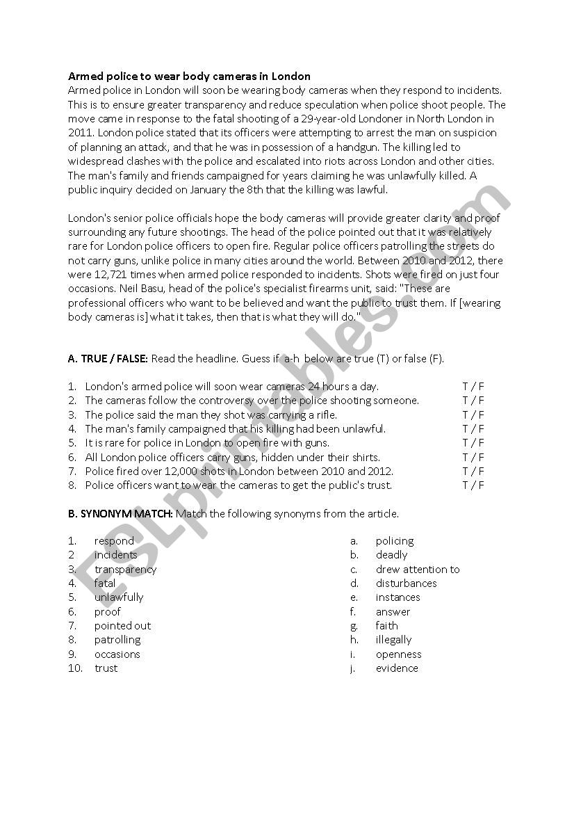 body cameras worksheet