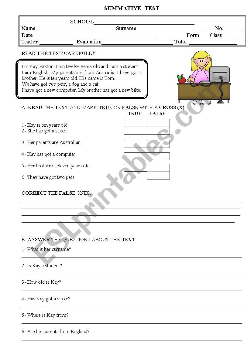 TEST 5th form worksheet