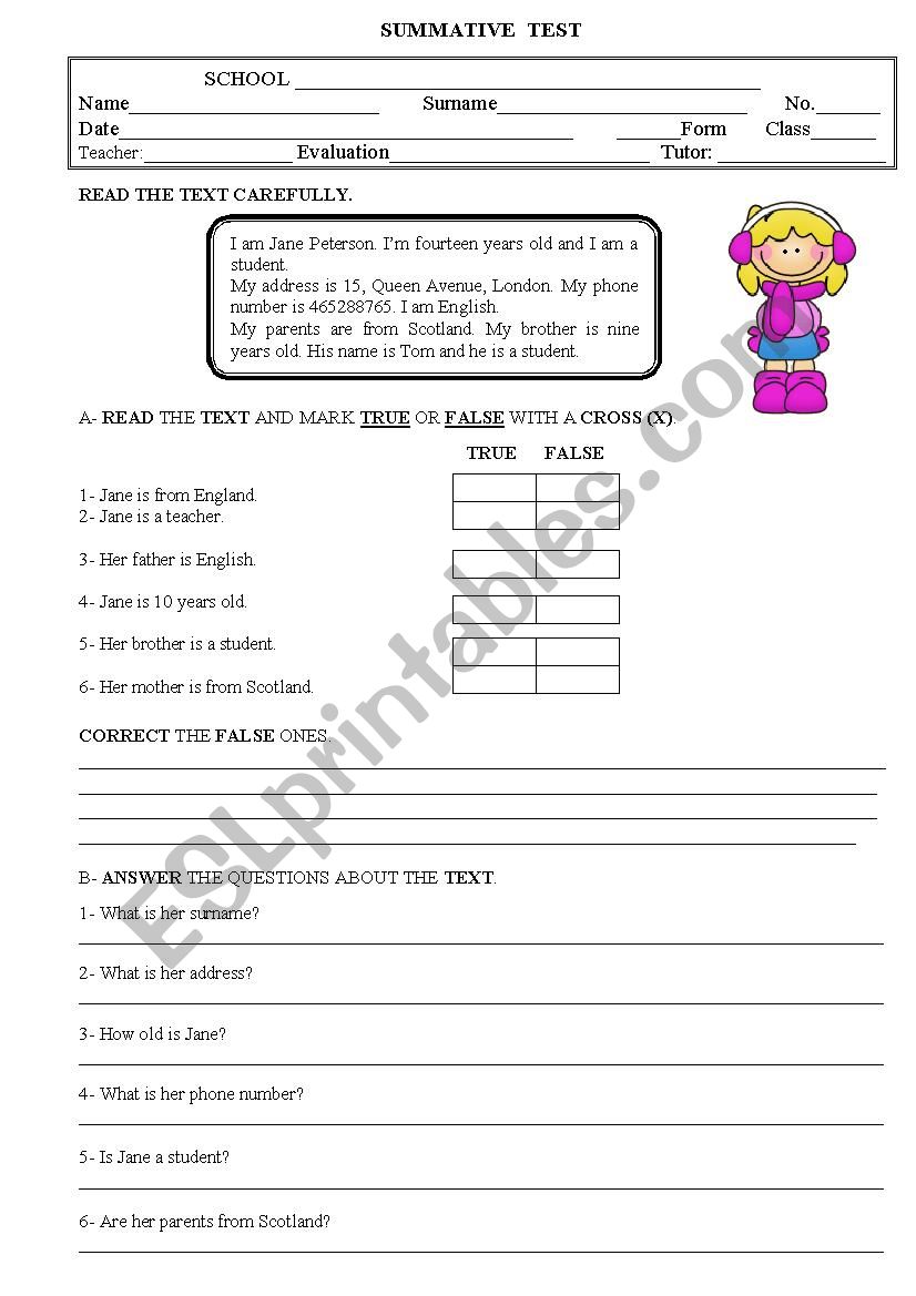 TEST 5th. form worksheet