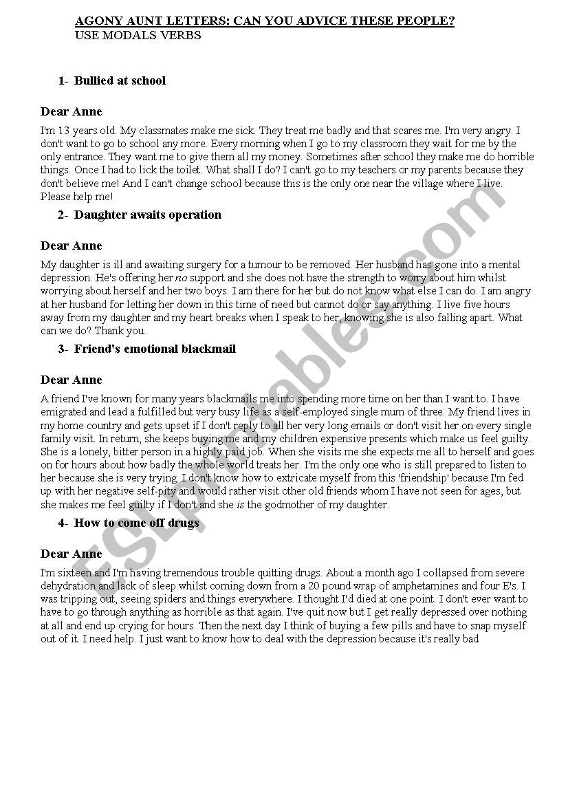 Agony aunt . Modals worksheet