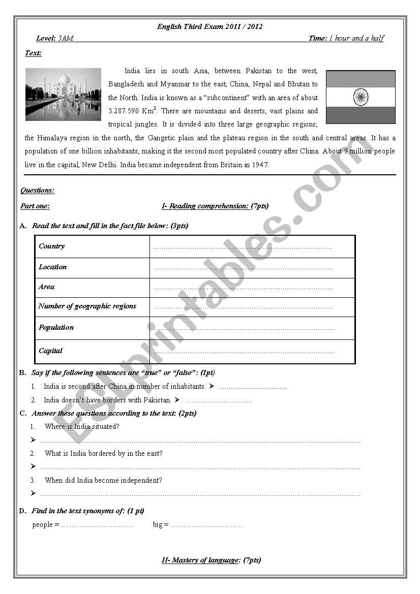 India  worksheet