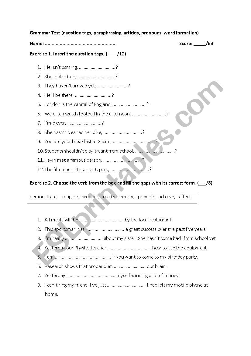 grammar test variety of exercises