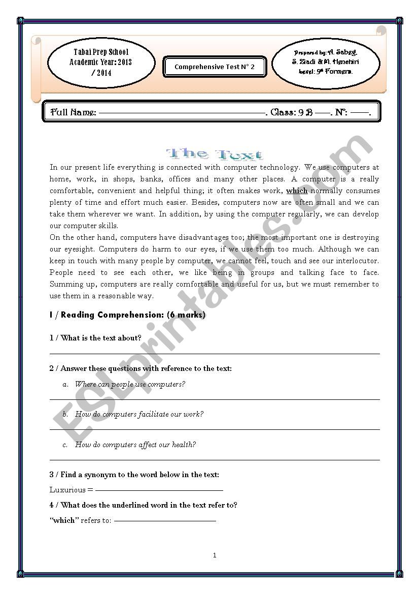 Comprehensive Test worksheet