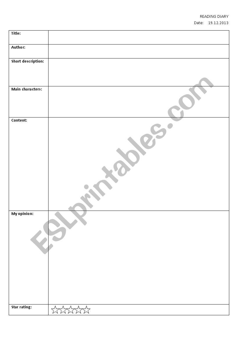 reading diary table worksheet