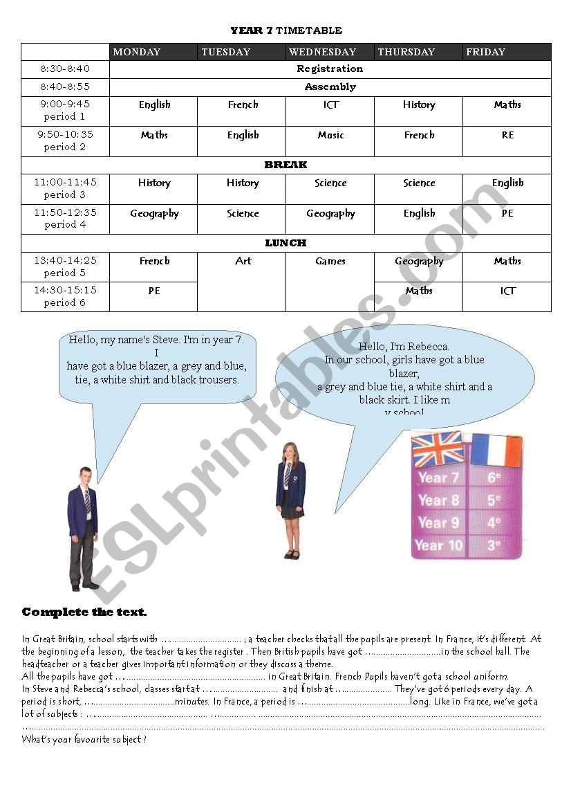 School timetable worksheet