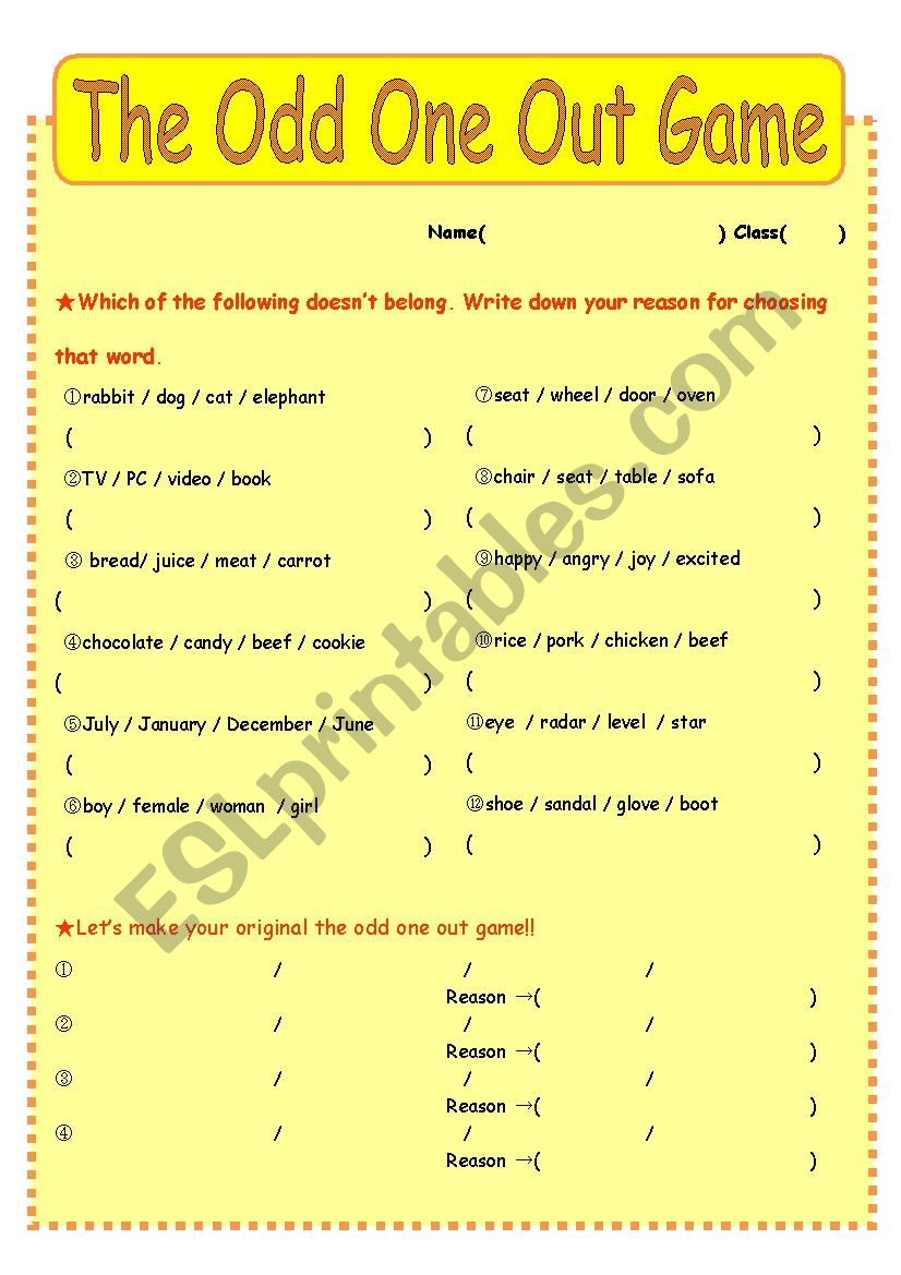 The odd one out game worksheet