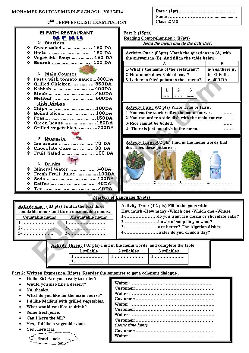 english exam  worksheet