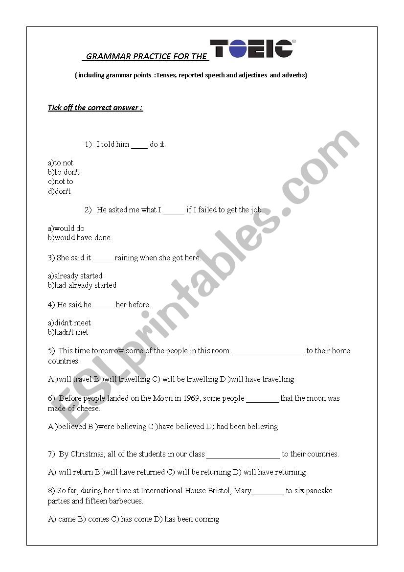 TOEIC grammar practise  worksheet