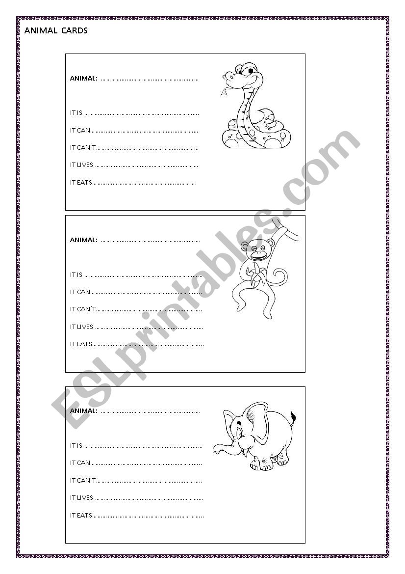 animal cards worksheet