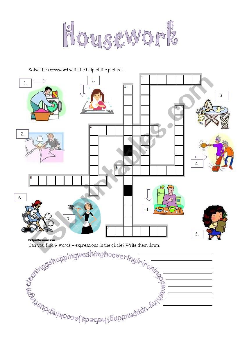 Housework crossword worksheet