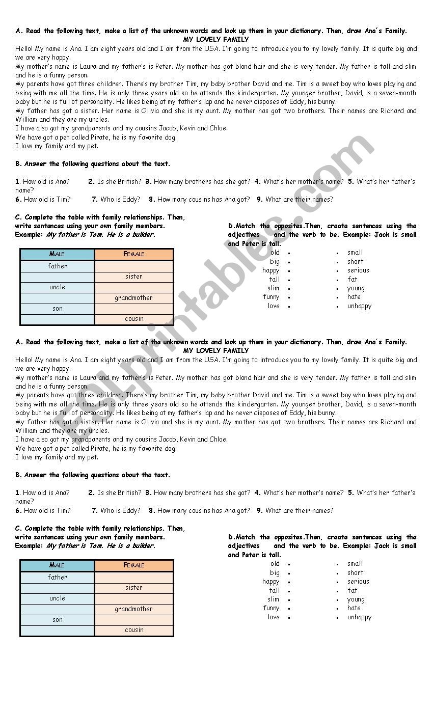 Be Activity- My Lovely Family worksheet