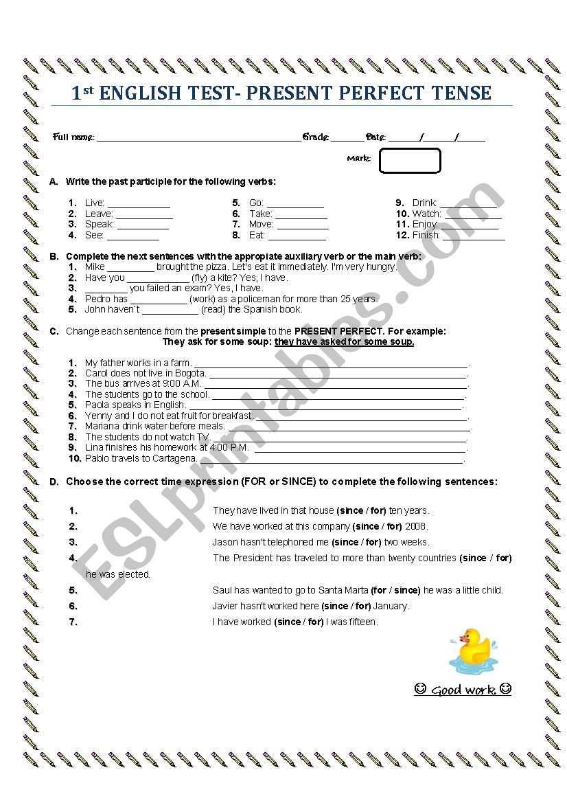 Present perfect tense worksheet