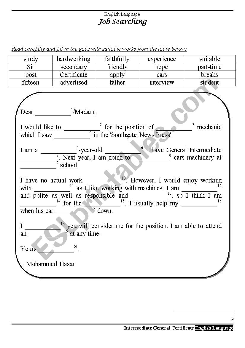 a letter of application worksheet