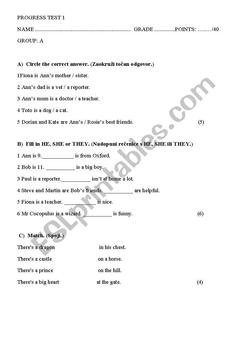 Progress test worksheet